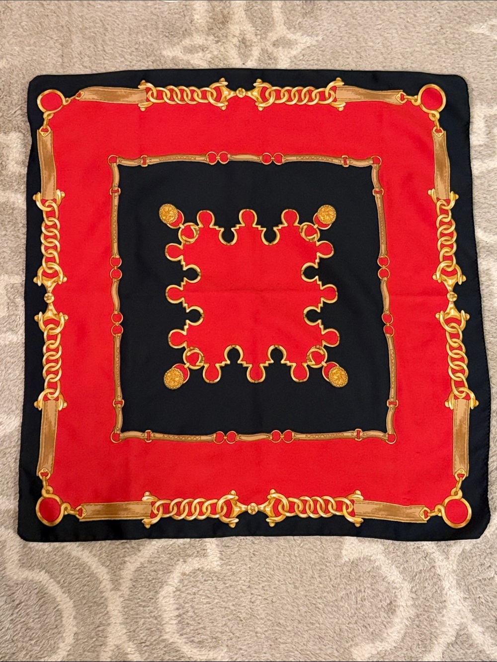 Red and Black Gold-Chain Print Square Scarf